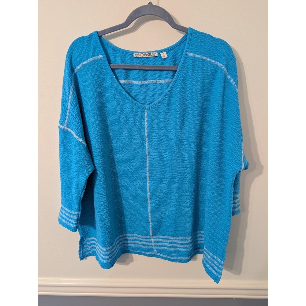 SnoSkins Turquoise Blue Crinkle V-Neck 3/4 Sleeve Oversized Tunic Top XL USA